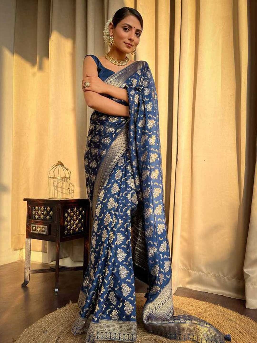 

KALINI Floral Woven Design Zari Saree, Navy blue