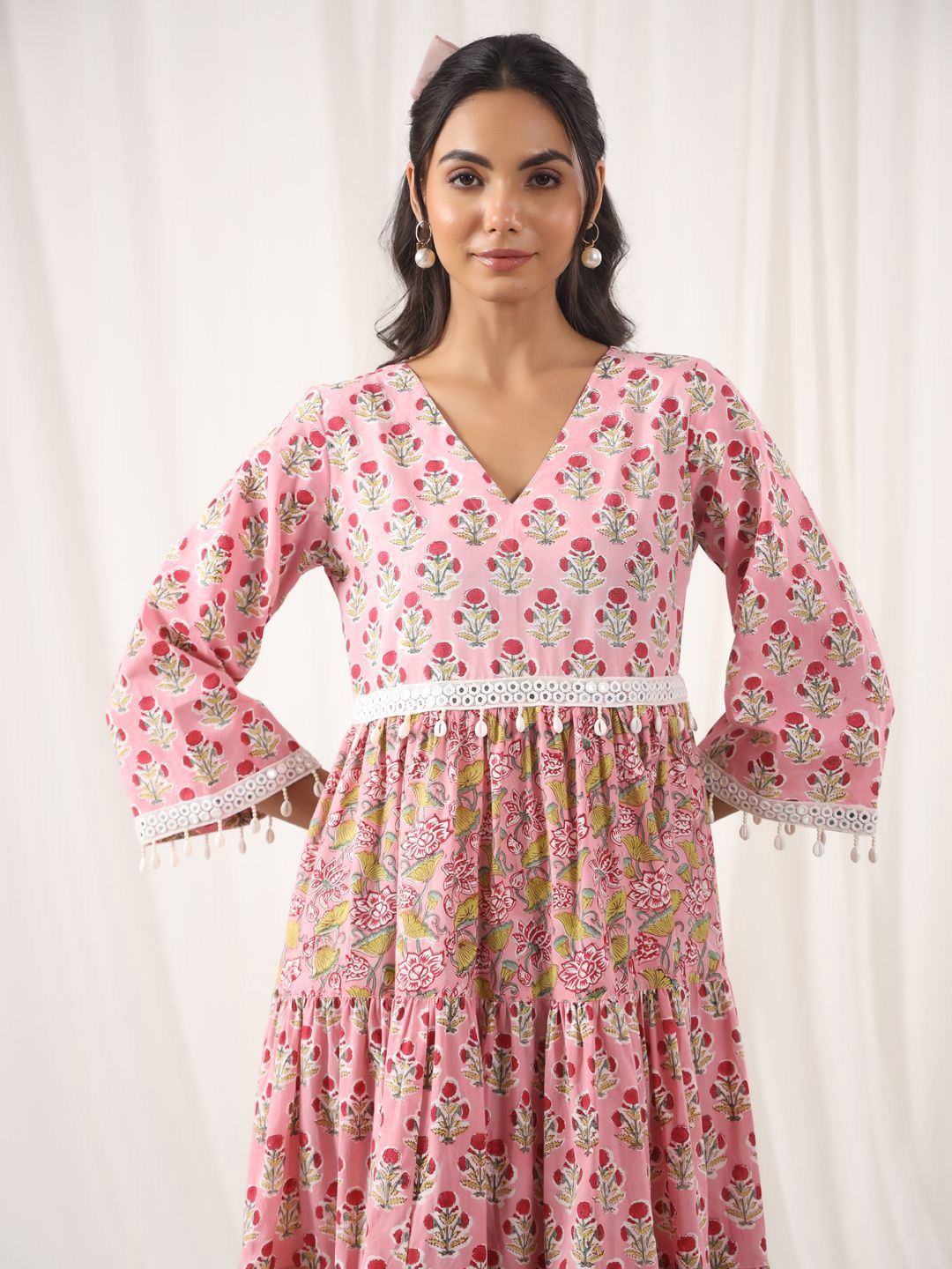 

Jaipur Morni Women Floral Printed Pure Cotton Fit & Flare Midi Dress, Pink