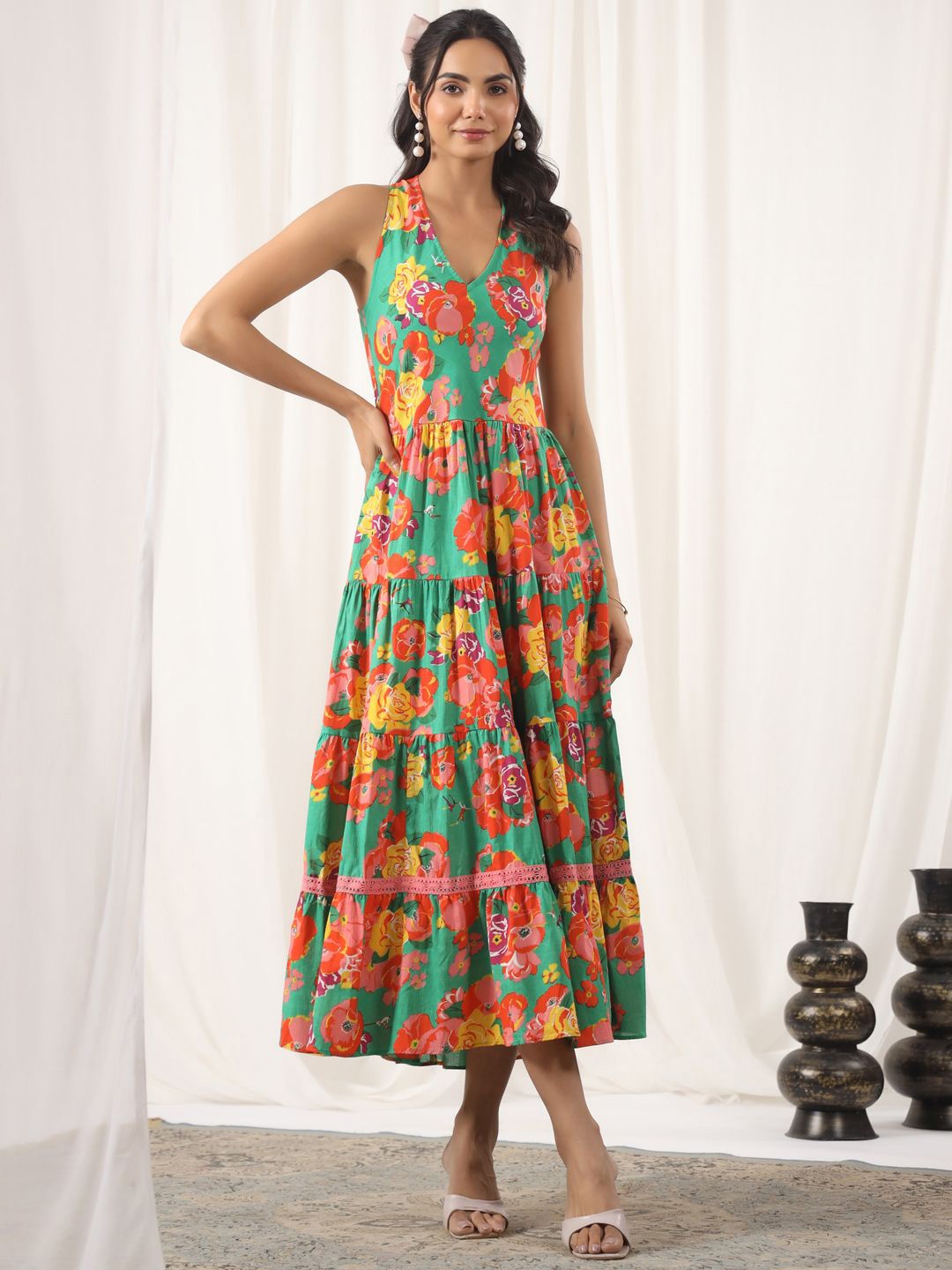 

Jaipur Morni Women Halter Neck Floral Printed Fit & Flare Maxi Dress, Green