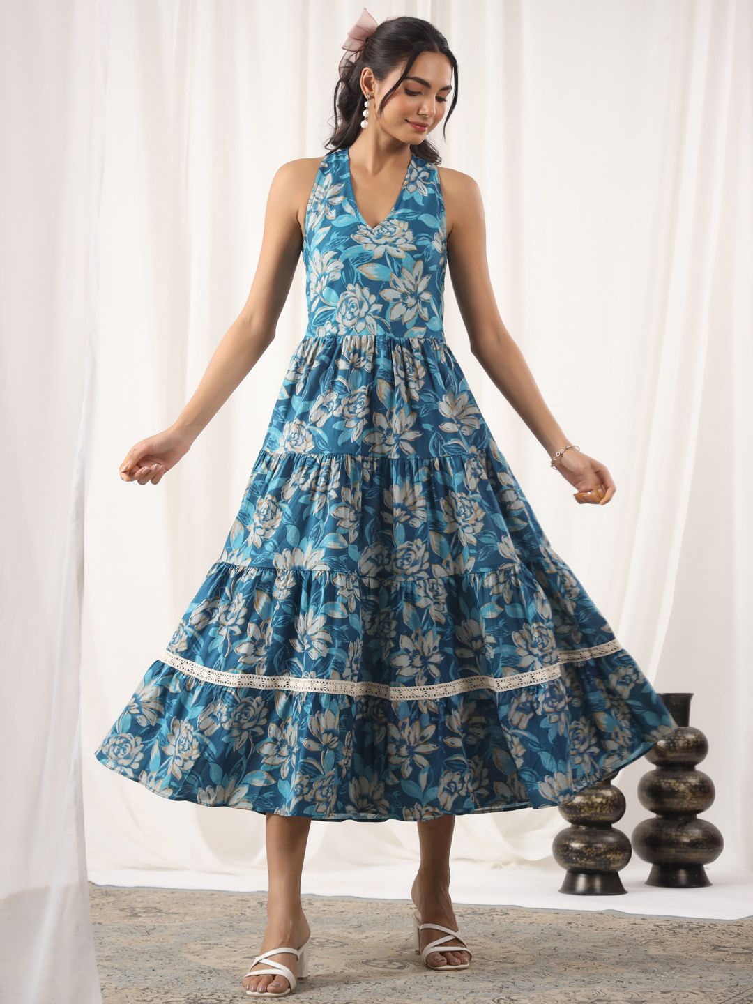 

Jaipur Morni Women Floral Print Cotton Fit & Flare Midi Dress, Turquoise blue