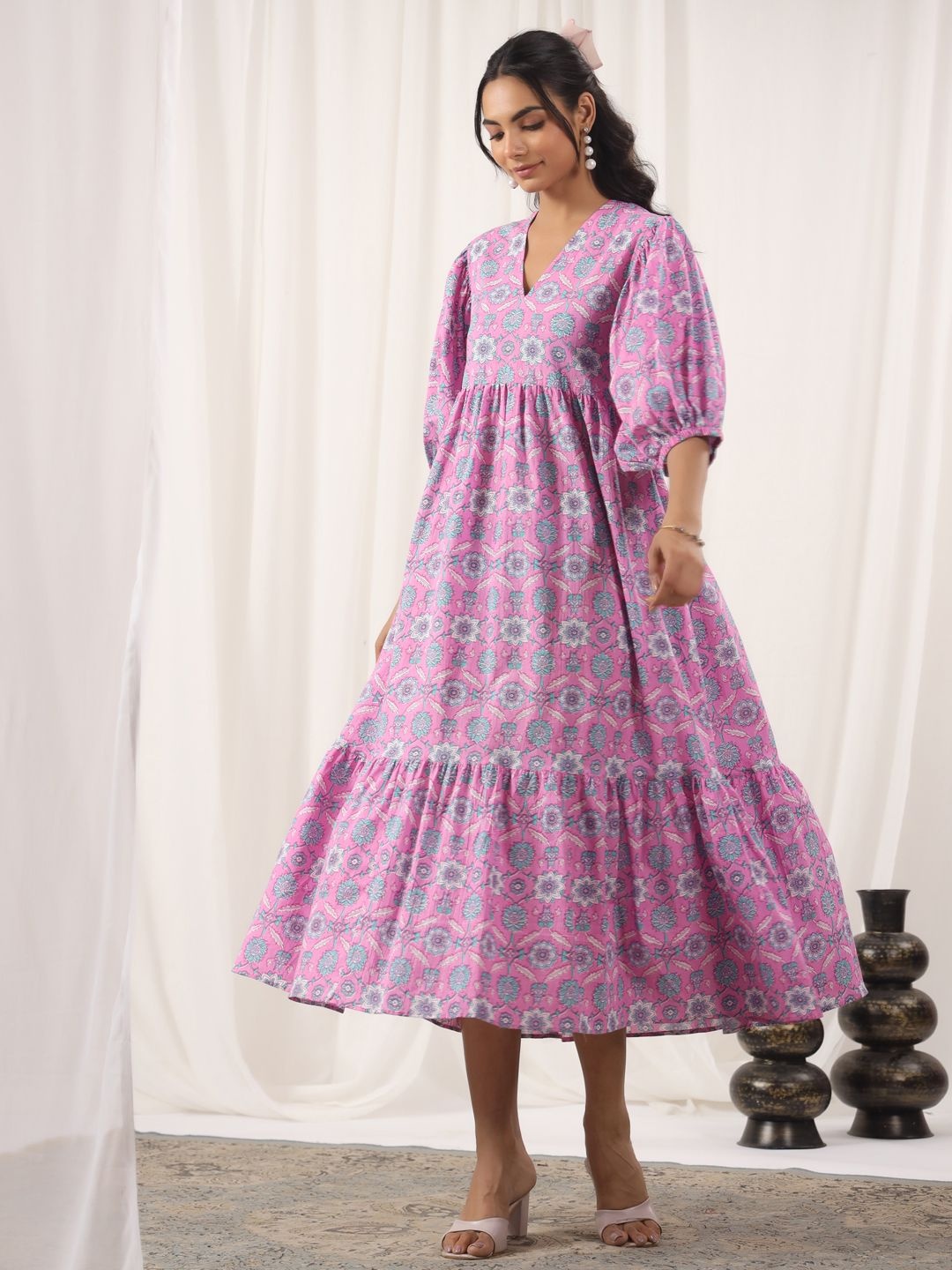 

Jaipur Morni Women Floral Printed Puff Sleeves Cotton Fit & Flare Midi Dress, Pink