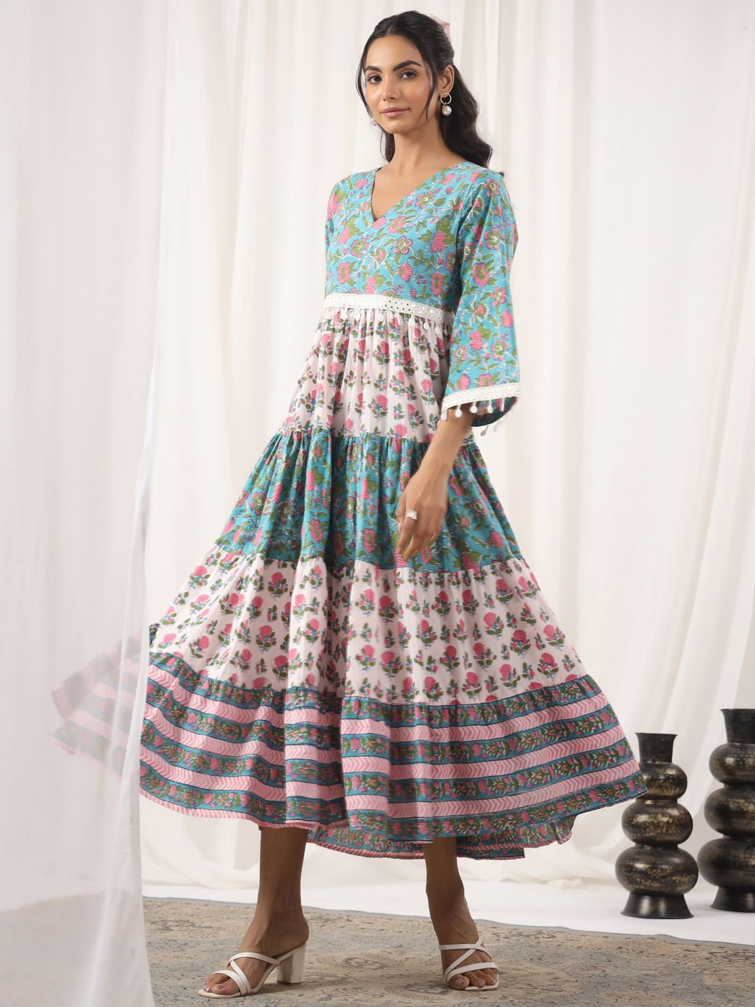 

Jaipur Morni Women Floral Printed Fit & Flare Cotton Dress, Turquoise blue