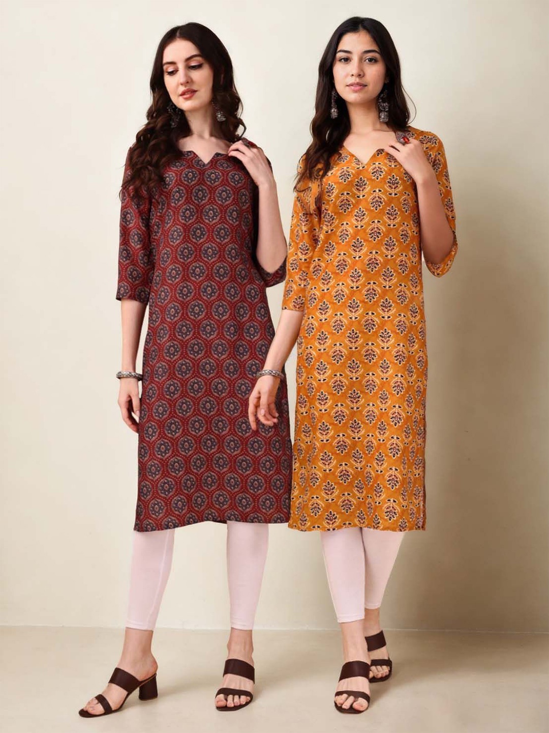 

Anouk Rustic Selection Of 2 Floral Printed Notch Neck Straight Kurtas, Yellow