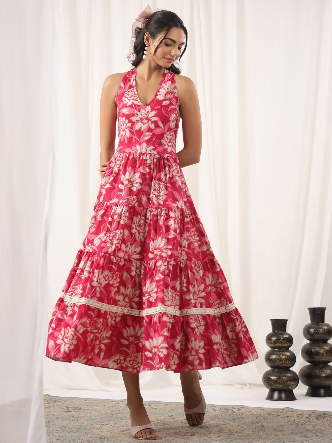

Jaipur Morni Women Floral Print Cotton Fit & Flare Midi Dress, Pink