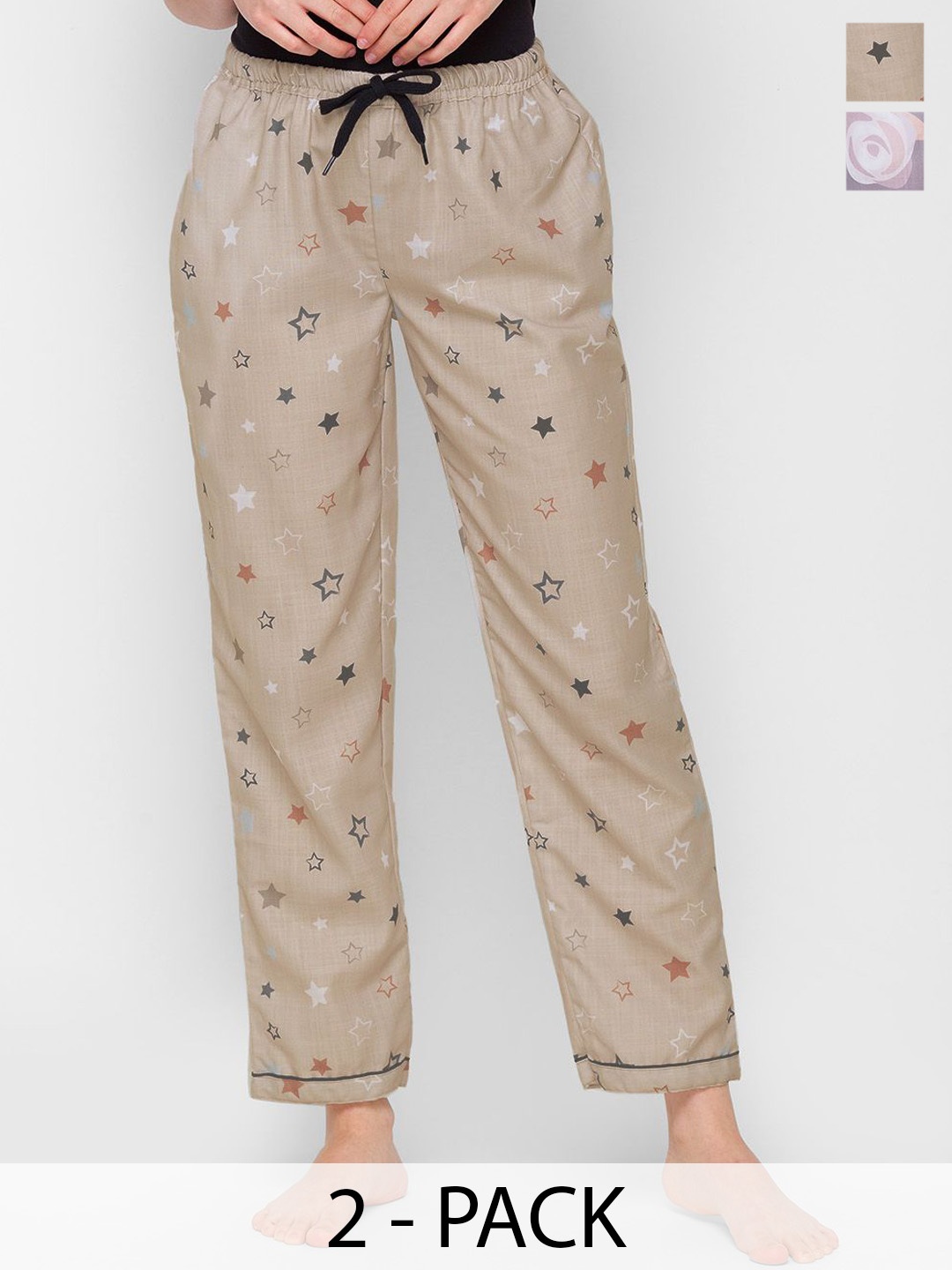 

NOIRA Women Pack Of 2 Printed Lounge Pants, Beige