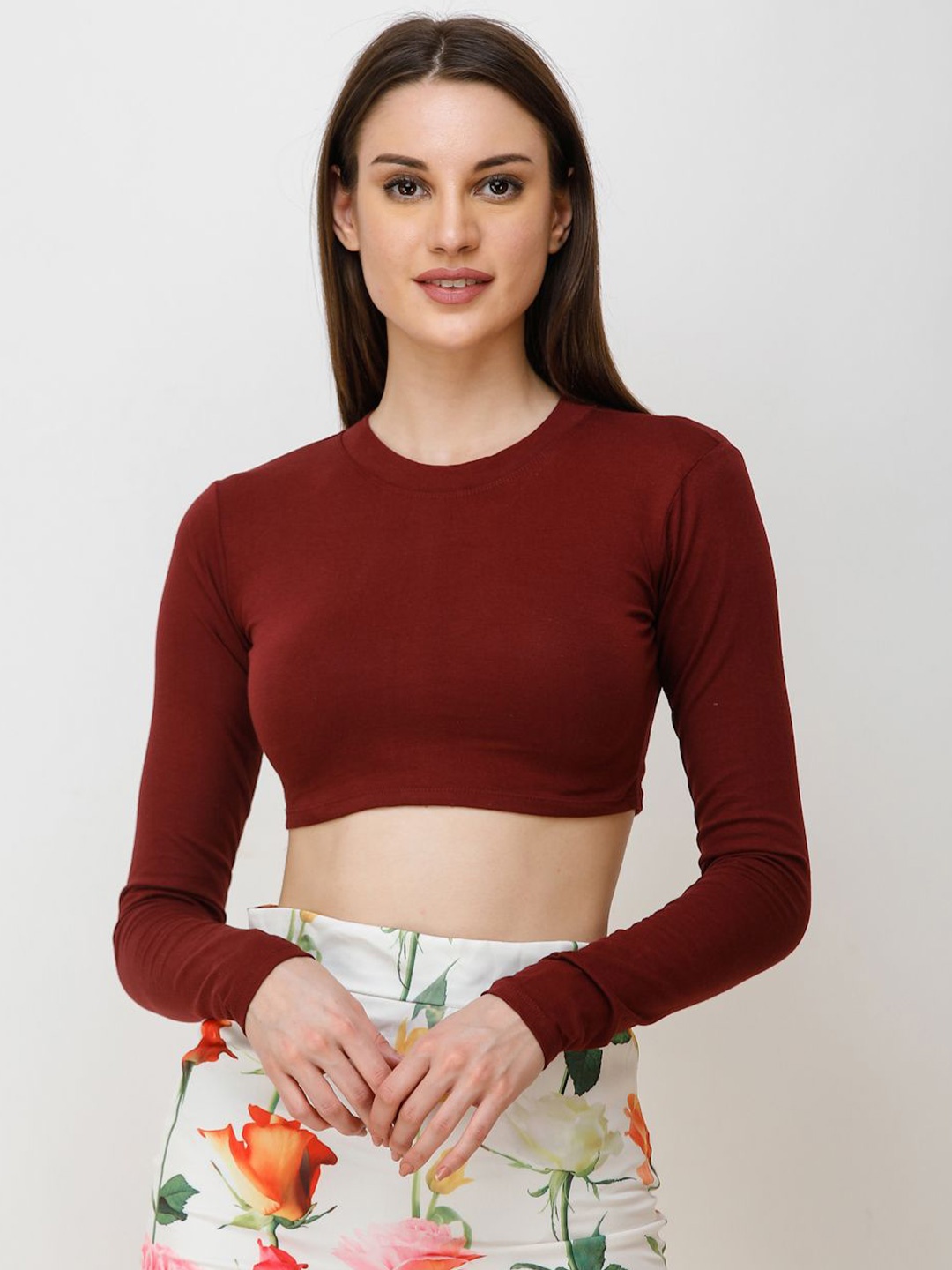 

BAESD Women Round Neck Long Sleeves Fitted Crop Top, Maroon