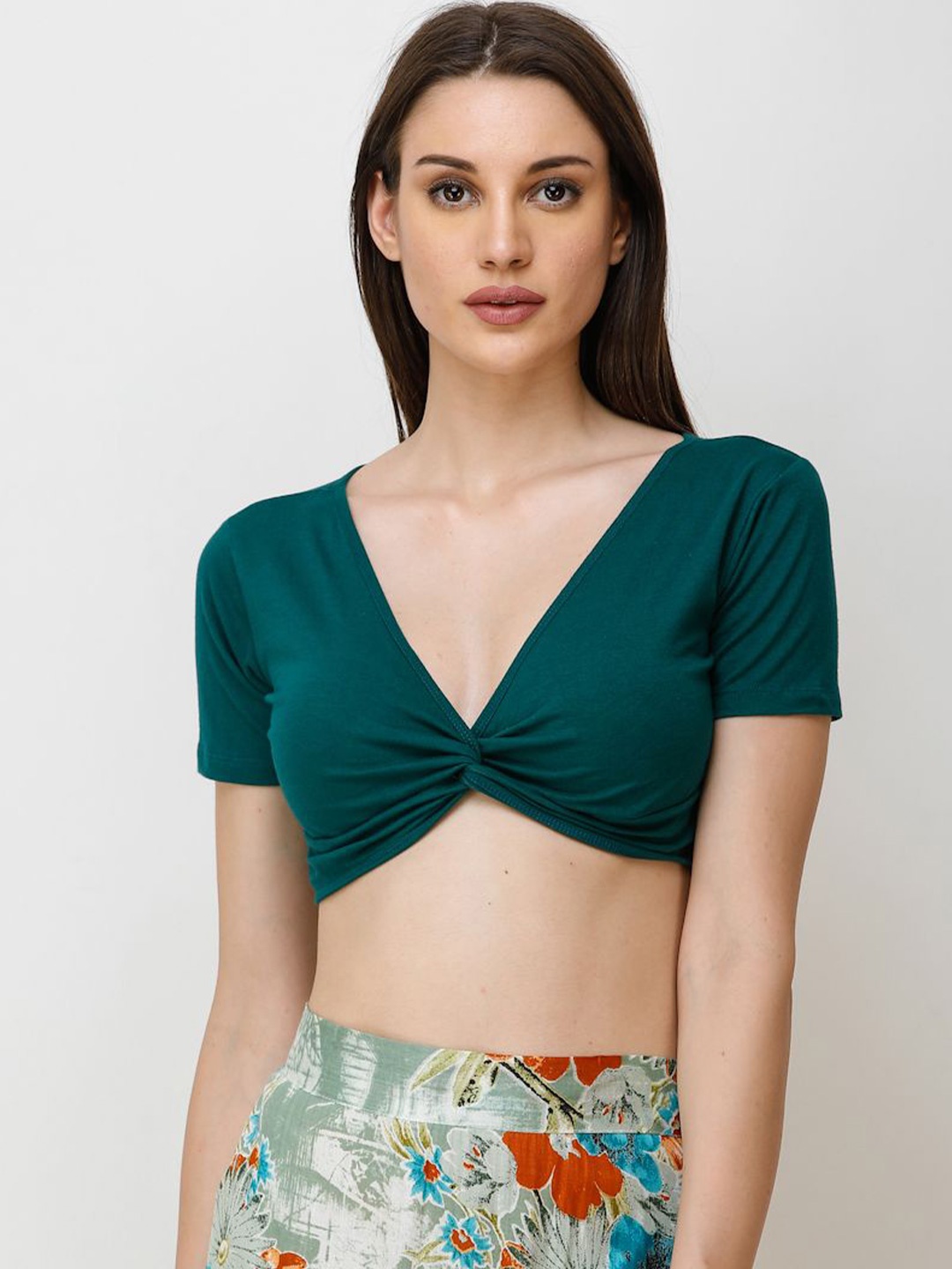 

BAESD Women V-Neck Front Knot Crop Top, Teal