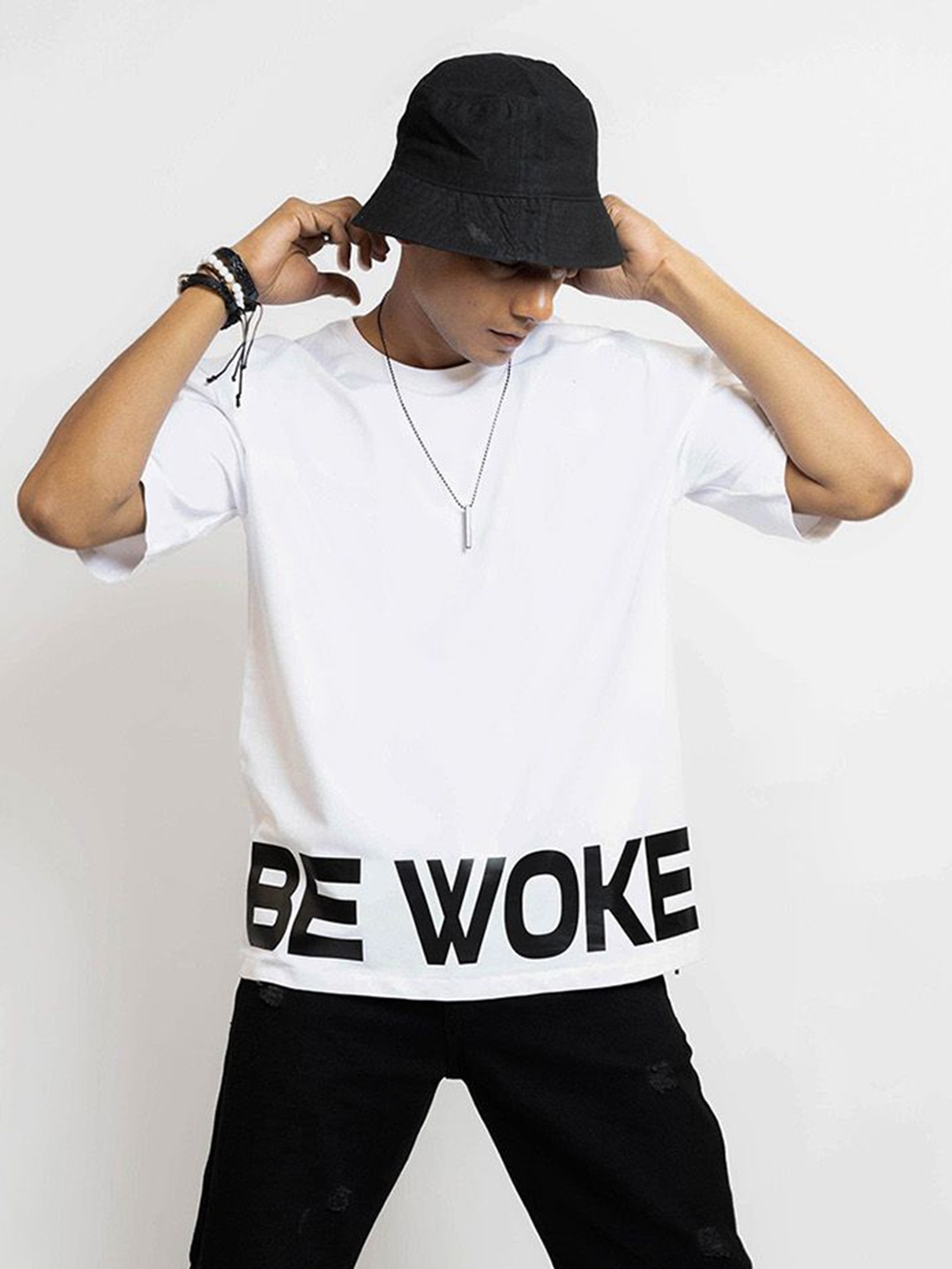 

FIBONACCI Men Typography Printed Round Neck Cotton Oversized T-shirt, White