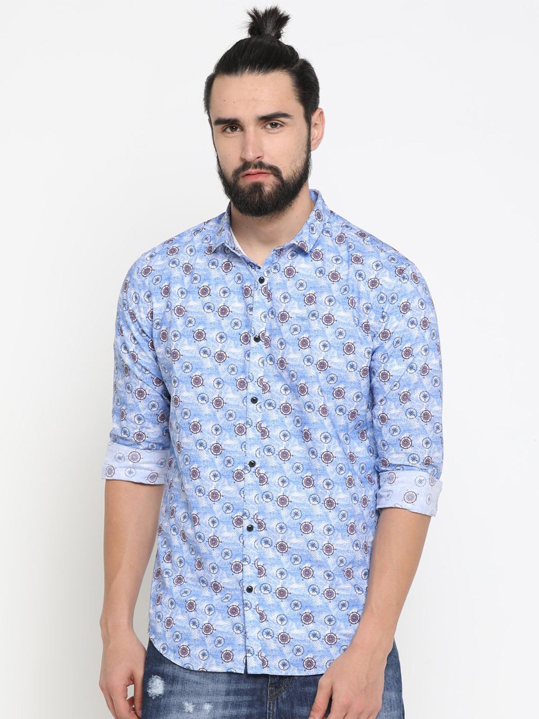 

SHOWOFF Men Standard Slim Fit Spread Collar Geometric Printed Cotton Casual Shirt, Blue