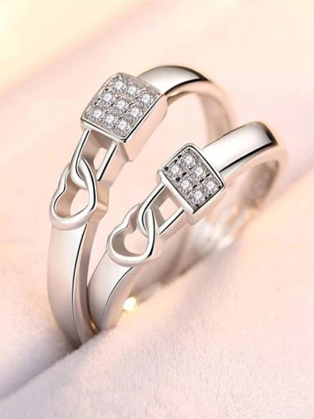 

RUHI COLLECTION Set Of 2 Silver-Plated Cubic Zirconia Stone-Studded Couple Ring