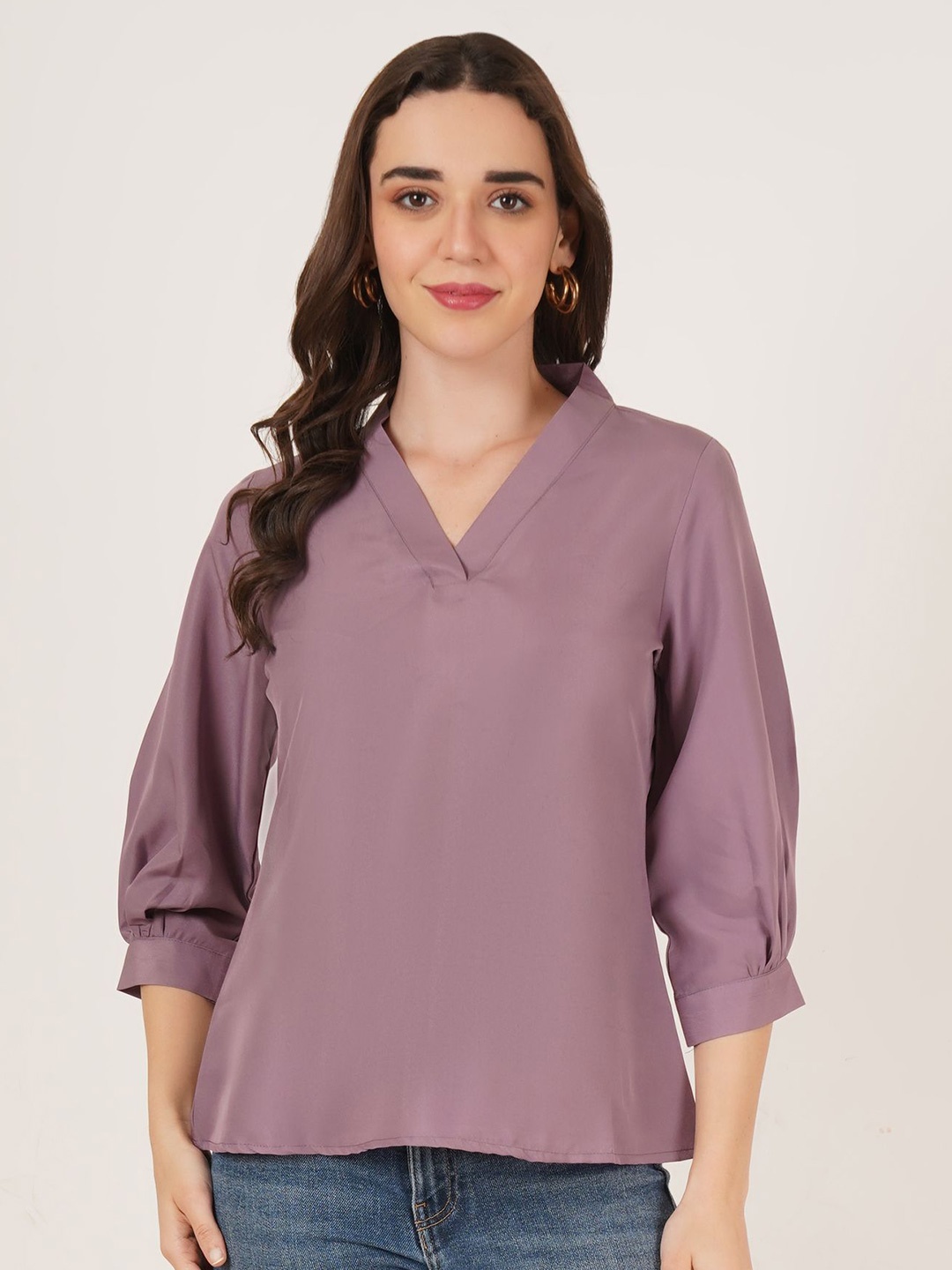 

Brownverse Women V-Neck Crepe Top, Lavender