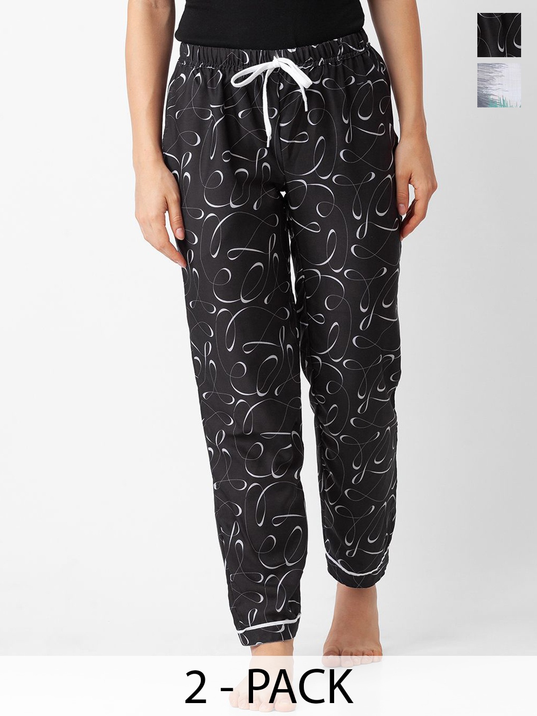 

NOIRA Women Pack Of 2 Printed Mid-Rise Lounge Pants, Black