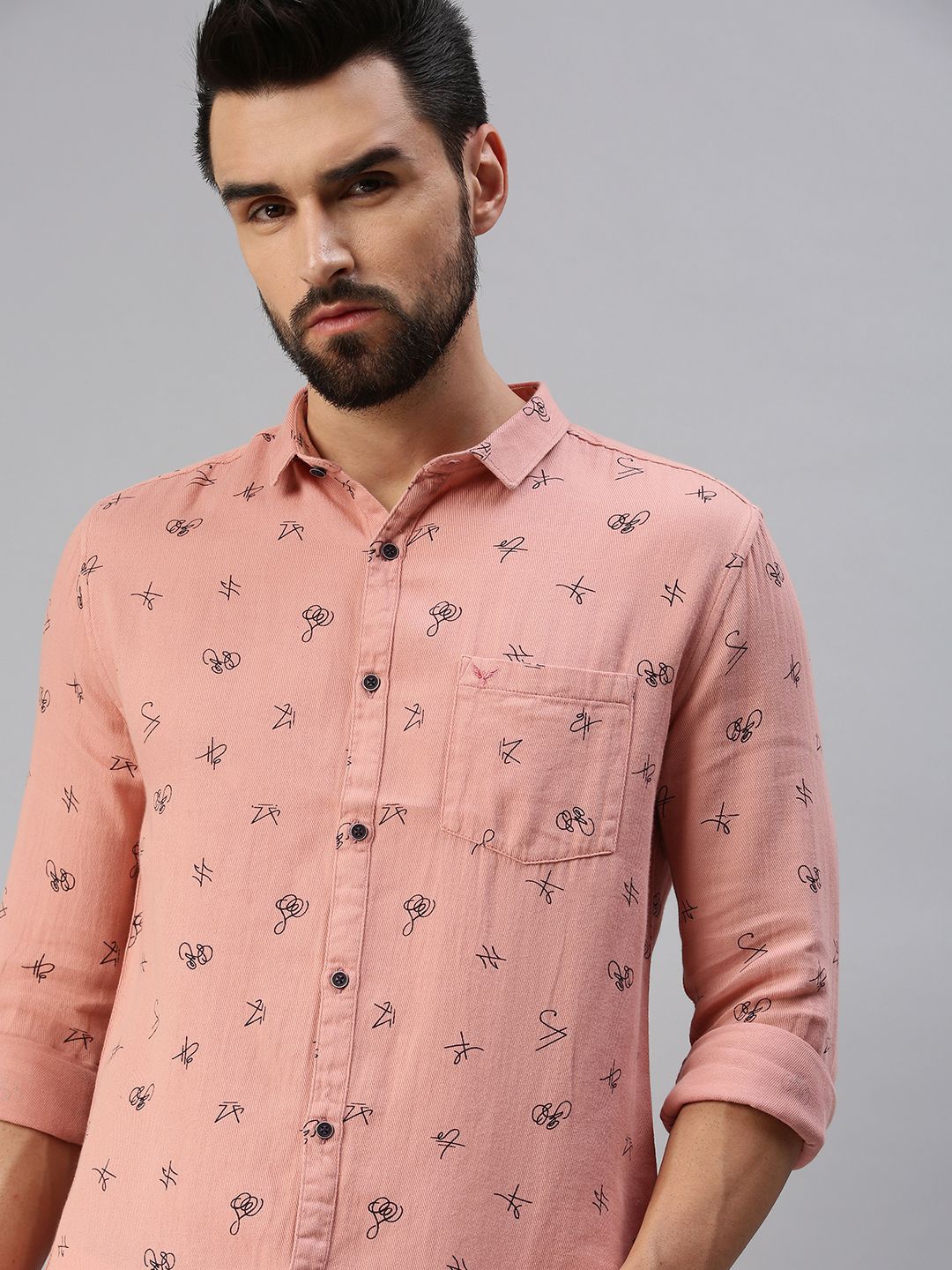 

SHOWOFF Men Standard Slim Fit Spread Collar Conversational Printed Cotton Casual Shirt, Peach