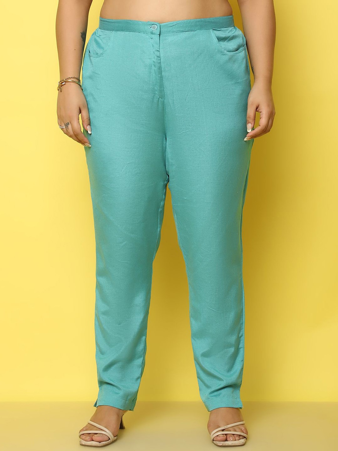 

theRebelinme Women Smart Tapered Fit High-Rise Trousers, Teal