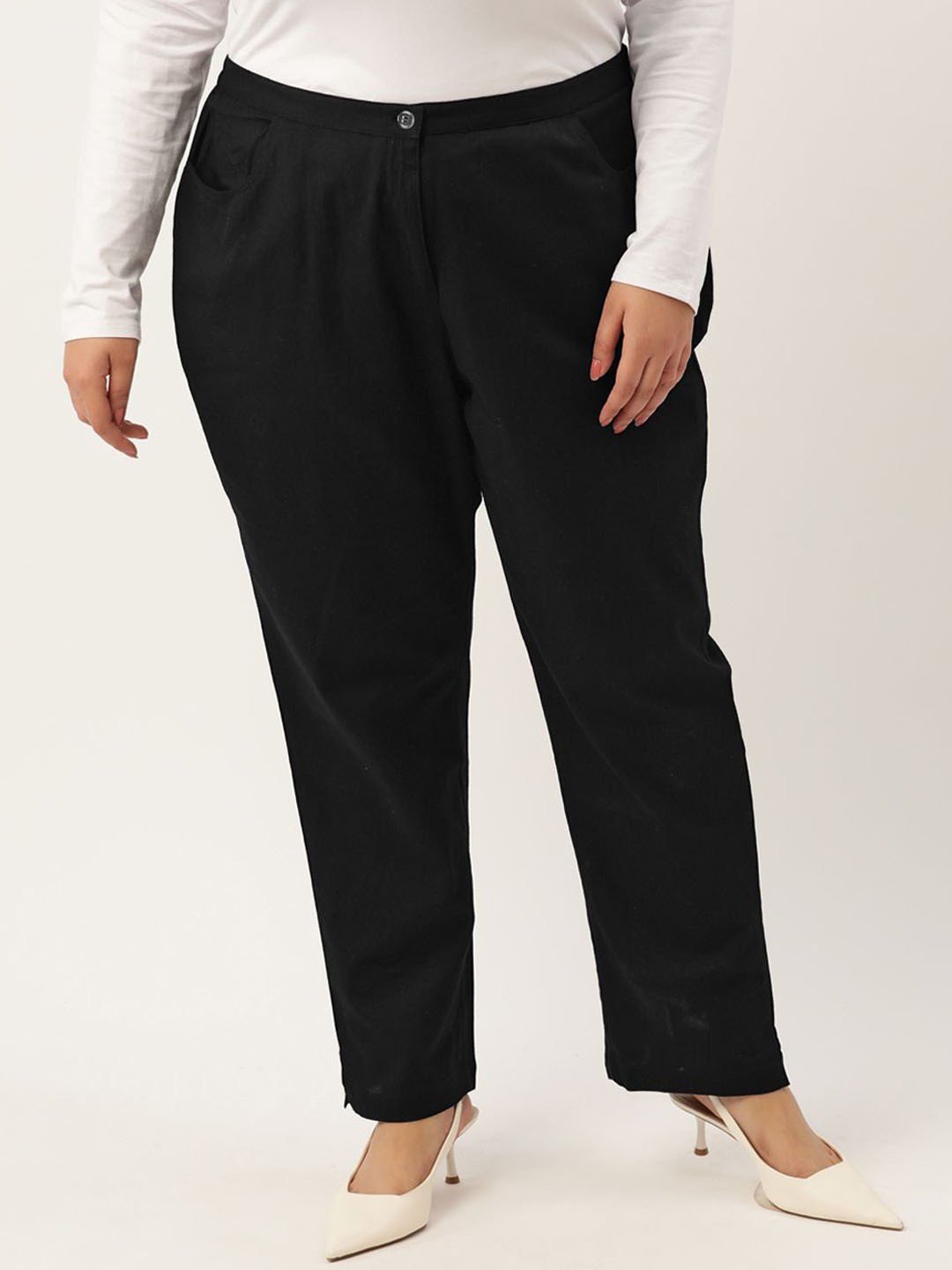 

theRebelinme Women Smart Tapered Fit High-Rise Easy Wash Trousers Plus Size, Black