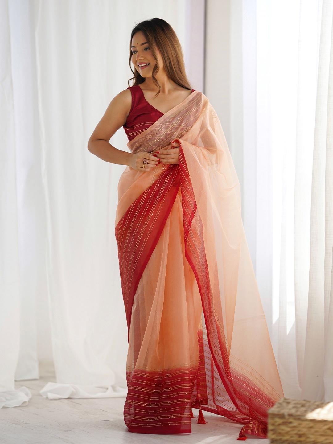 

Fashion Basket Embellished Organza Chanderi Saree, Peach