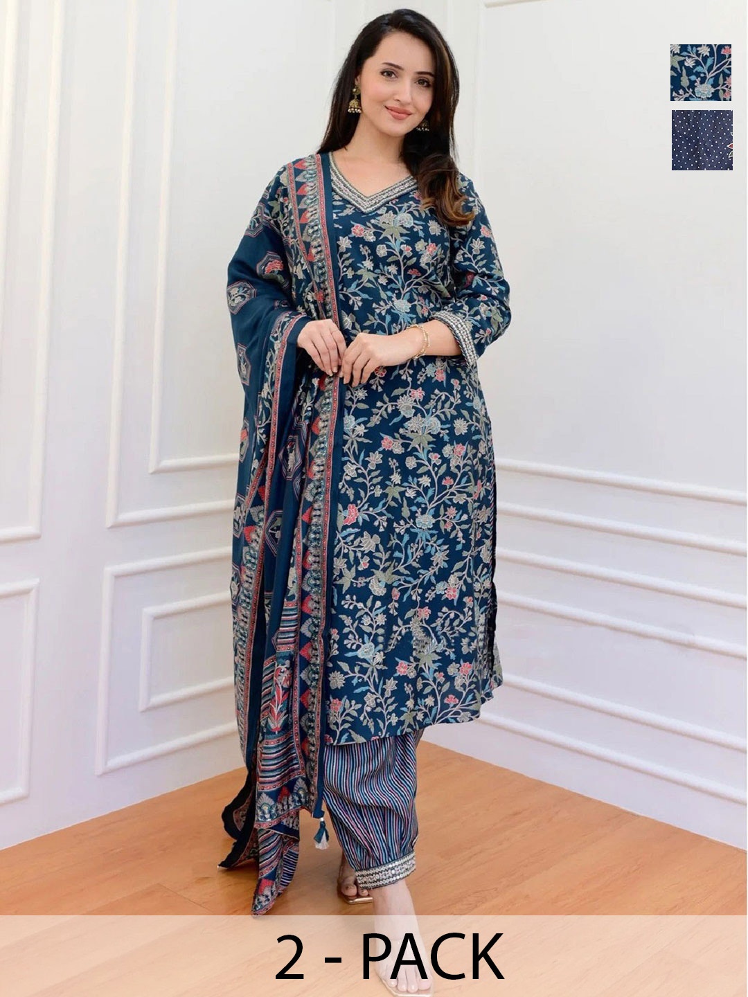 

KALINI Women Ethnic Motifs Printed Regular Kurta with Trousers & With Dupatta, Navy blue