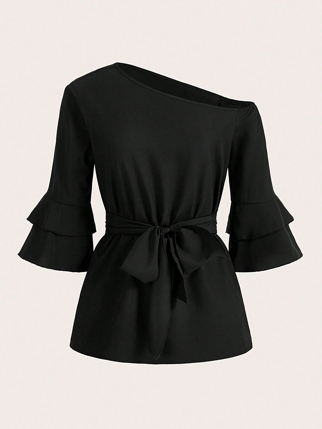 

LULU & SKY Women One Shoulder Bell Sleeve Cinched Waist Top, Black