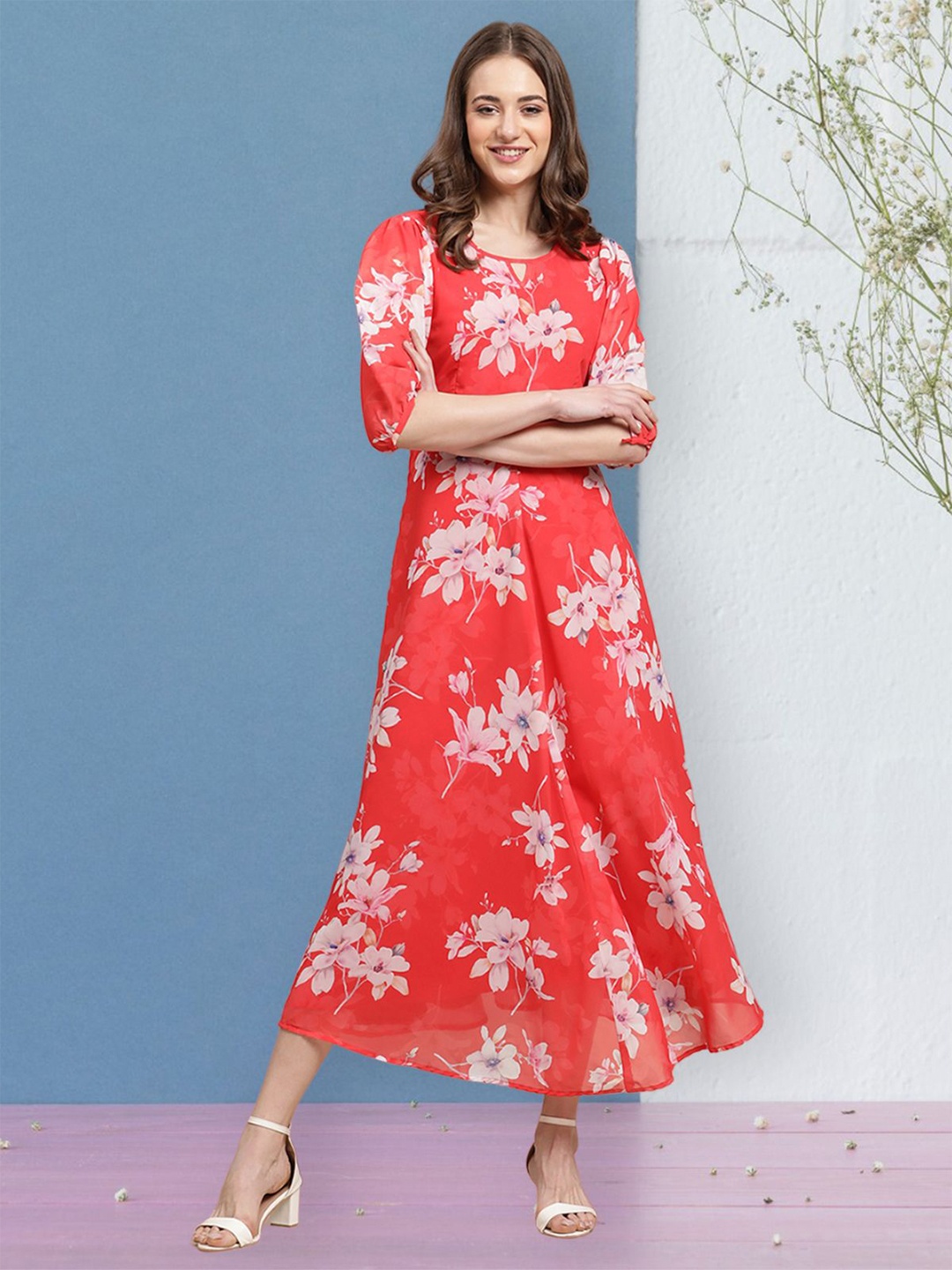 

Fabflee Women Floral Printed Fit & Flare Midi Dress, Red