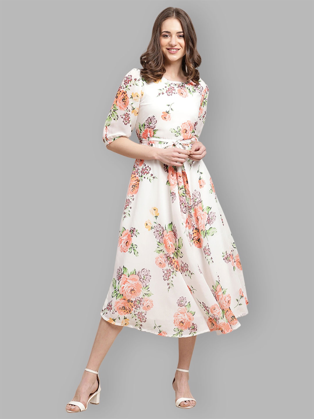 

Fabflee Women Floral Print Puff Sleeve Chiffon Fit & Flare Dress, Off white