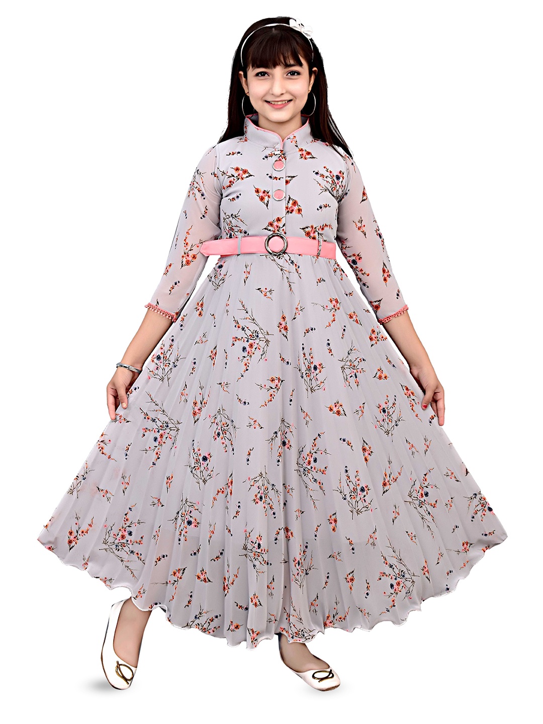 AJIZA GARMENTS Girls Floral Printed Georgette Fit and Flare Maxi Dress, Grey