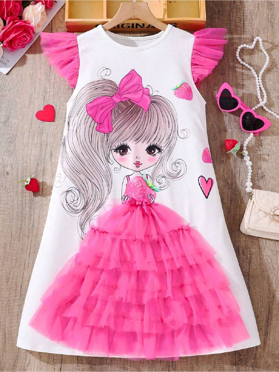 

BAESD Girls Printed A-Line Dress With Applique Details, Pink