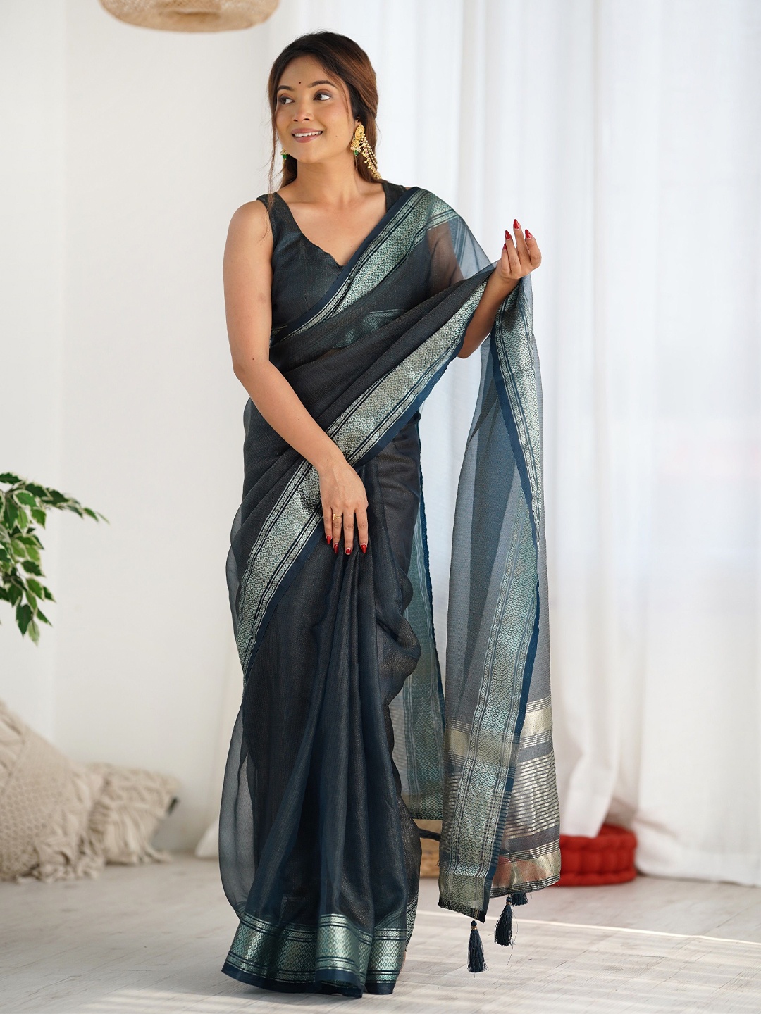 

Fashion Basket Zari Organza Chanderi Saree, Black
