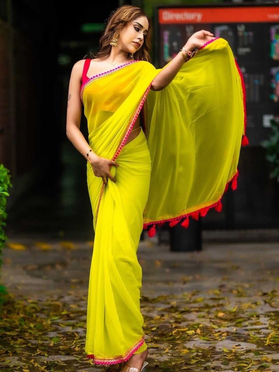 

Sanwariya Silk Embroidered Pure Georgette Saree, Lime green