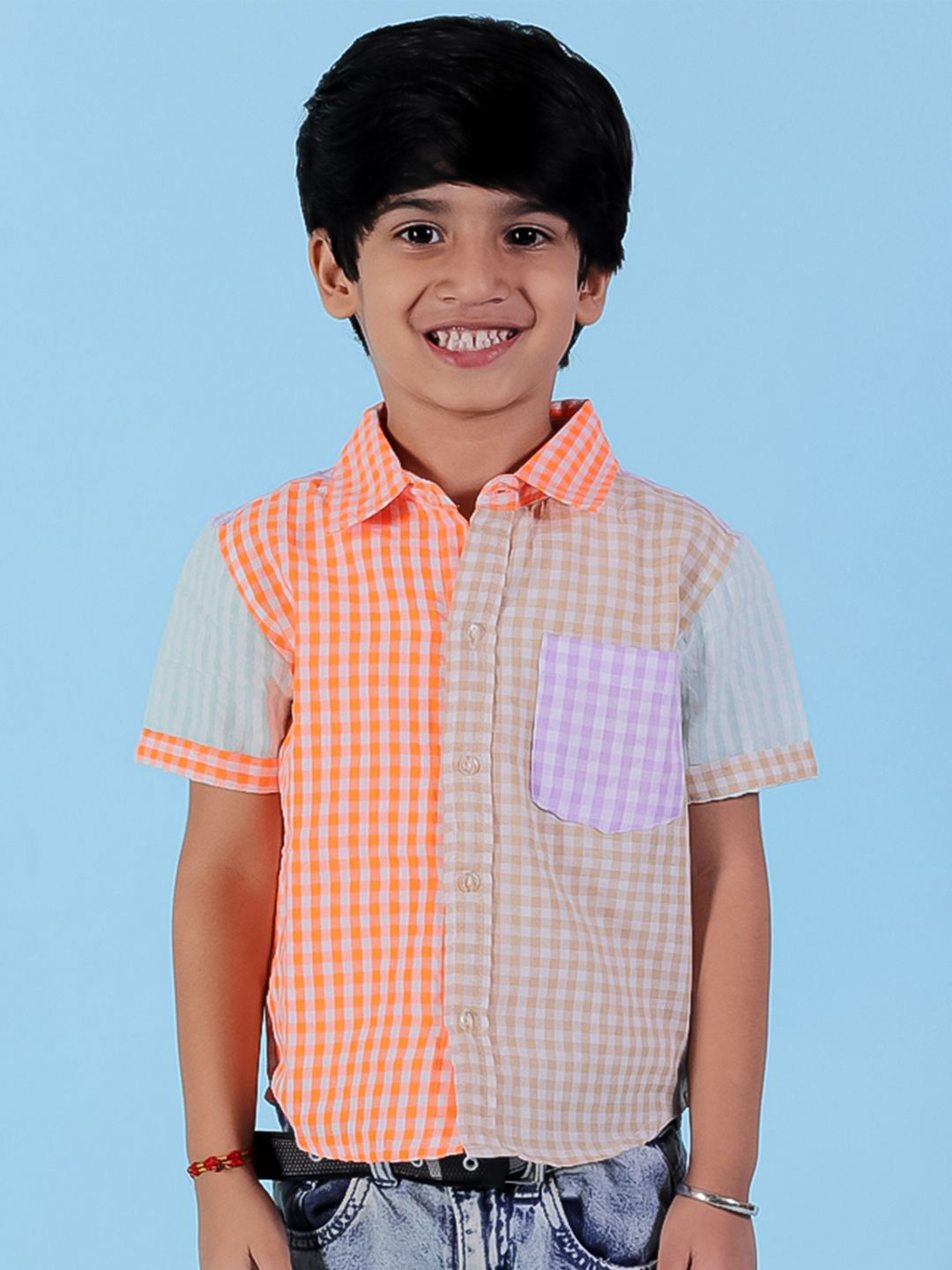 

The Mom Store Boys Spread Collar Gingham Checked Cotton Casual Shirt, Orange