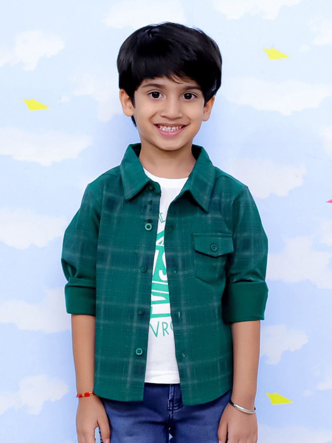

The Mom Store Boys Spread Collar Checked Cotton Casual Shirt, Green