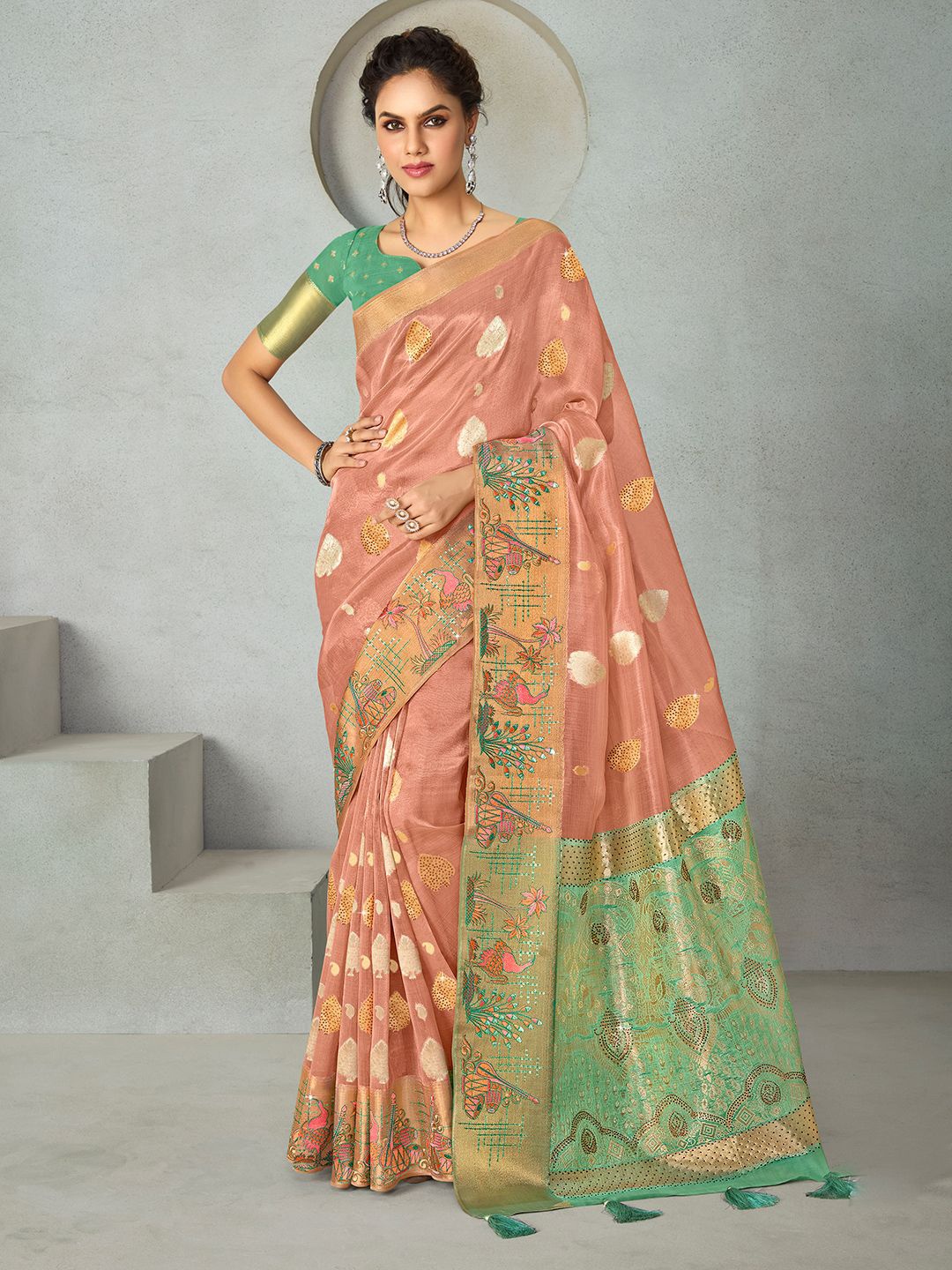 

ALAGINI Woven Design Ethnic Motifs Embroidered Saree, Peach