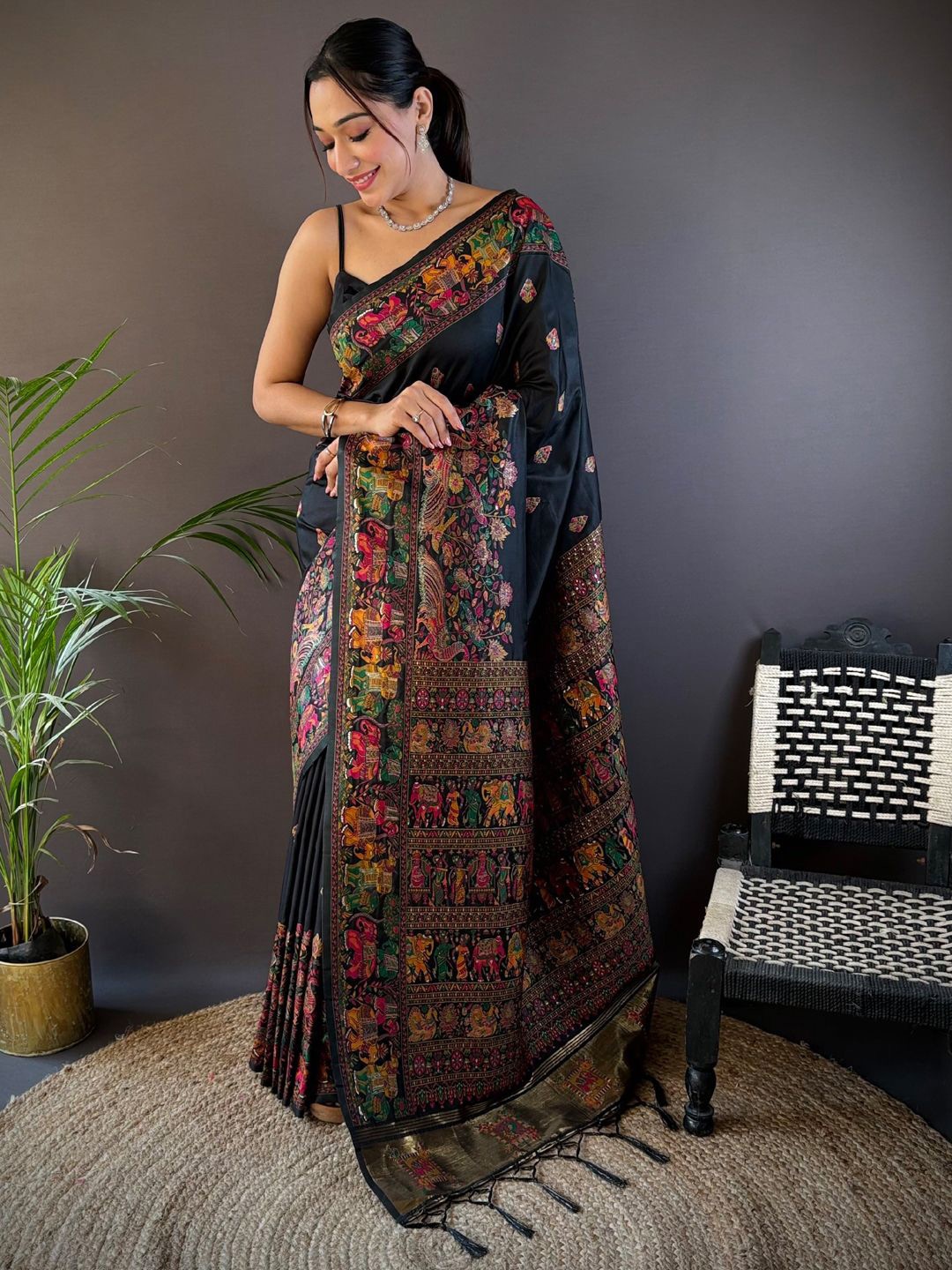 

Mitera Woven Design Zari Pashmina Saree, Black