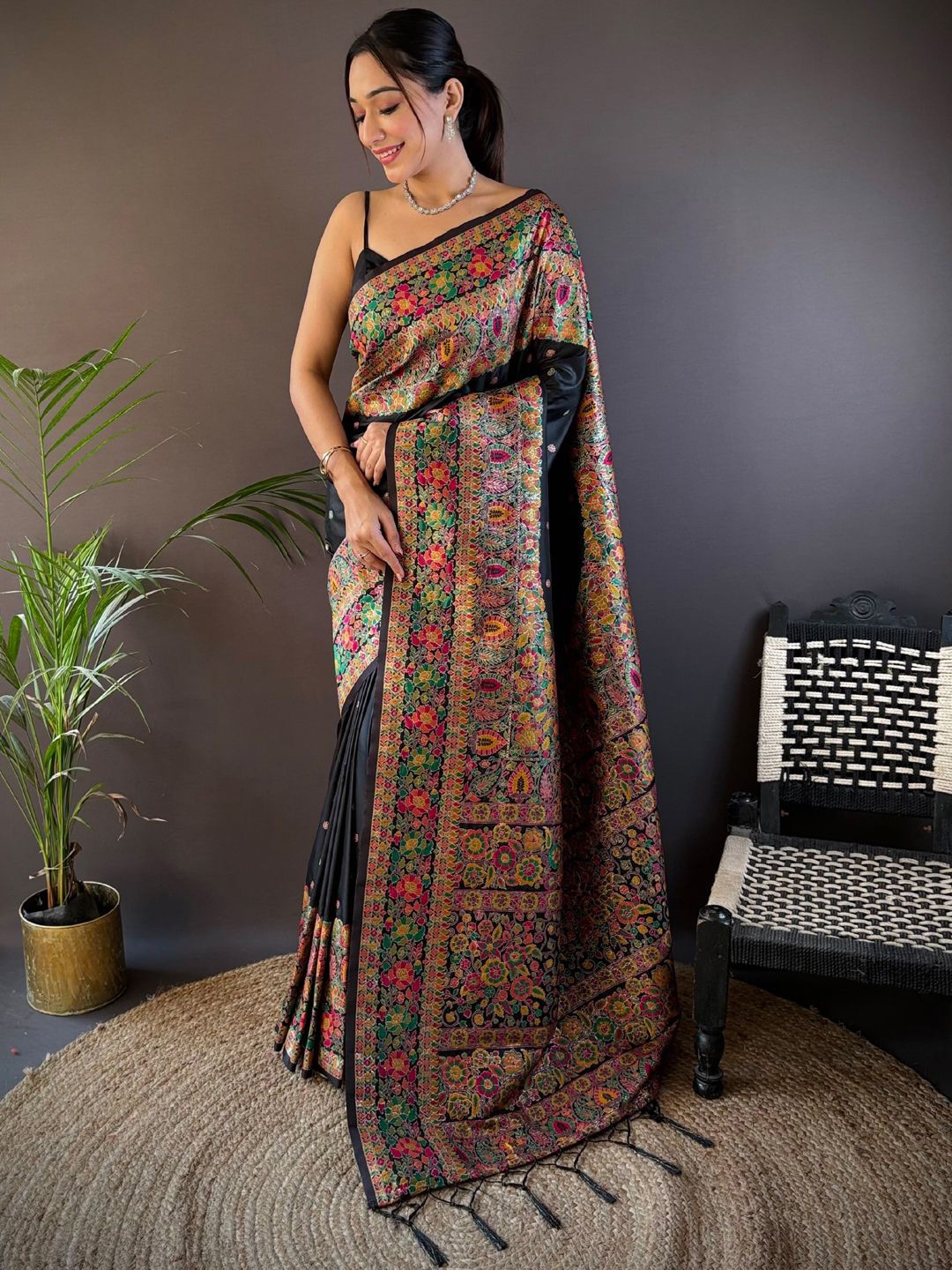 

Mitera Ethnic Motifs Woven Design Zari Pashmina Saree, Black