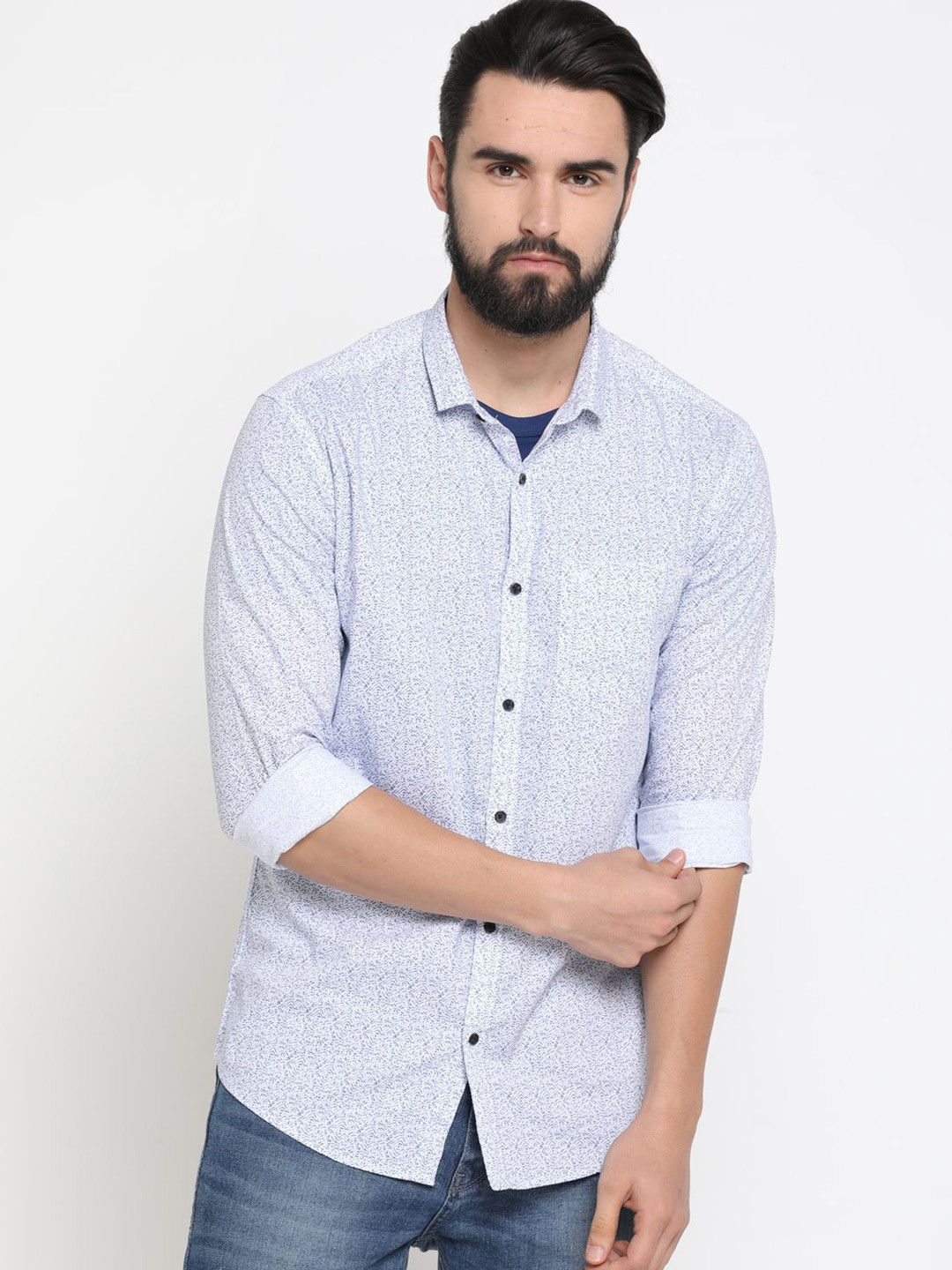 

SHOWOFF Men Standard Slim Fit Spread Collar Abstract Printed Cotton Casual Shirt, Blue