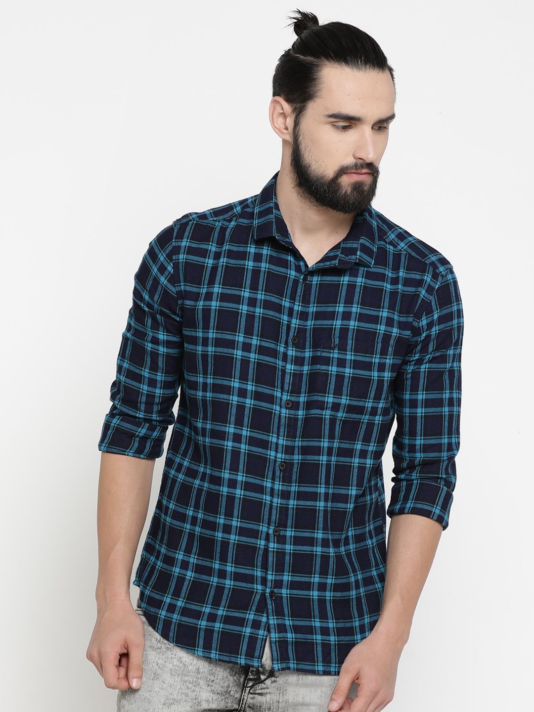 

SHOWOFF Men Standard Slim Fit Spread Collar Tartan Checked Cotton Casual Shirt, Navy blue