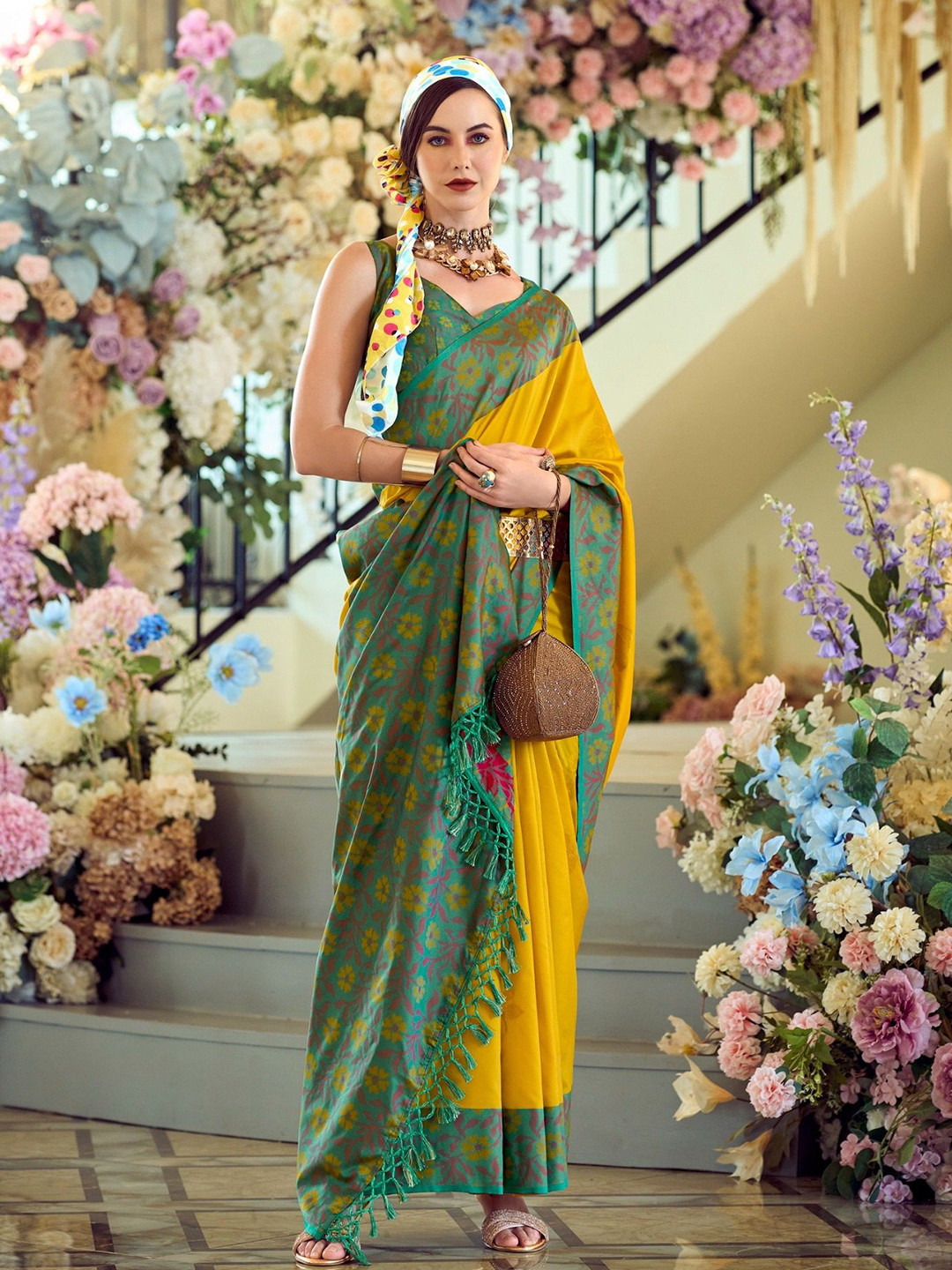 

MAHALASA Ethnic Motifs Pure Silk Ikat Saree, Yellow