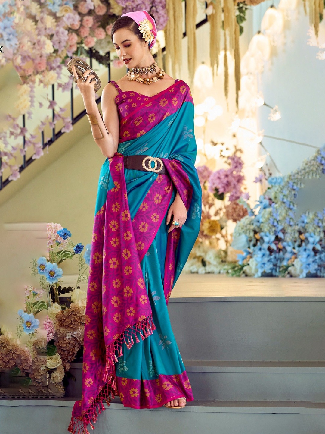 

MAHALASA Women Pure Soft Silk Weaving Ikat Saree, Turquoise blue
