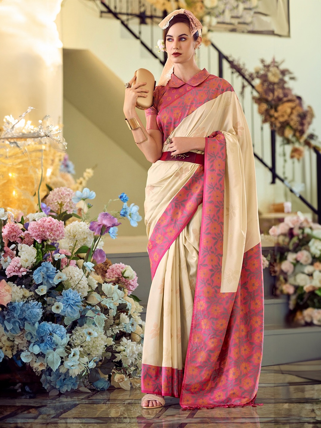 

MAHALASA Ethnic Motifs Pure Silk Ikat Saree, Beige