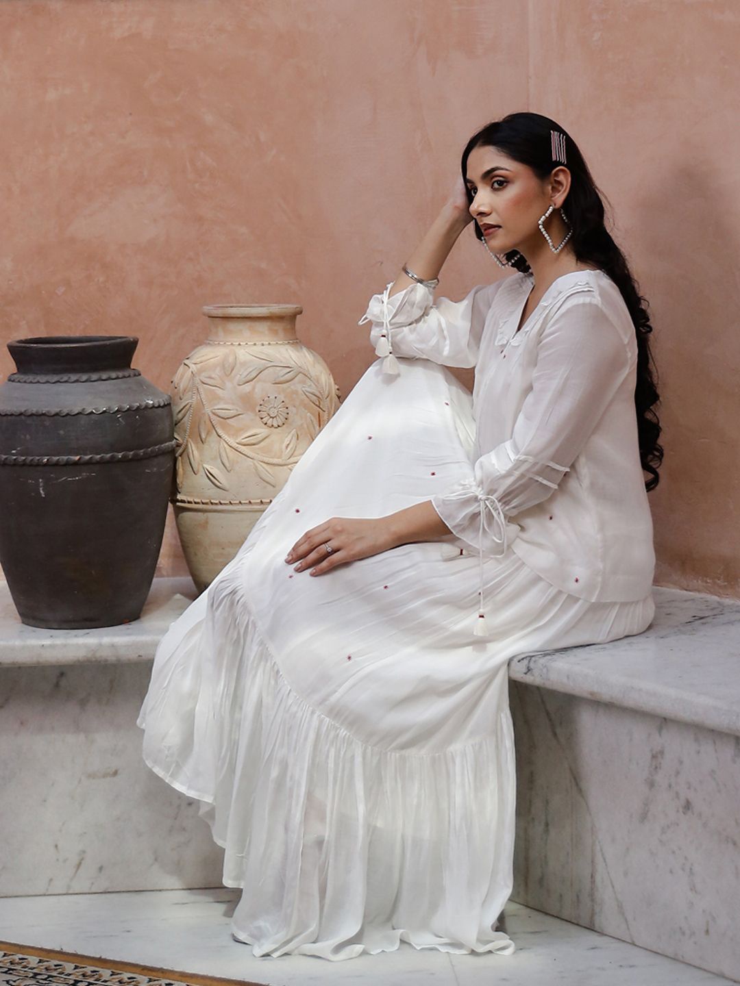 

Sangria Embroidered Pure Cotton Top With Skirt Co-Ords, Off white
