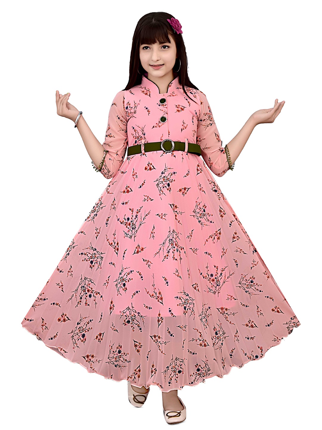 AJIZA GARMENTS Girls Floral Printed A-Line Maxi Dress Comes with a belt, Pink