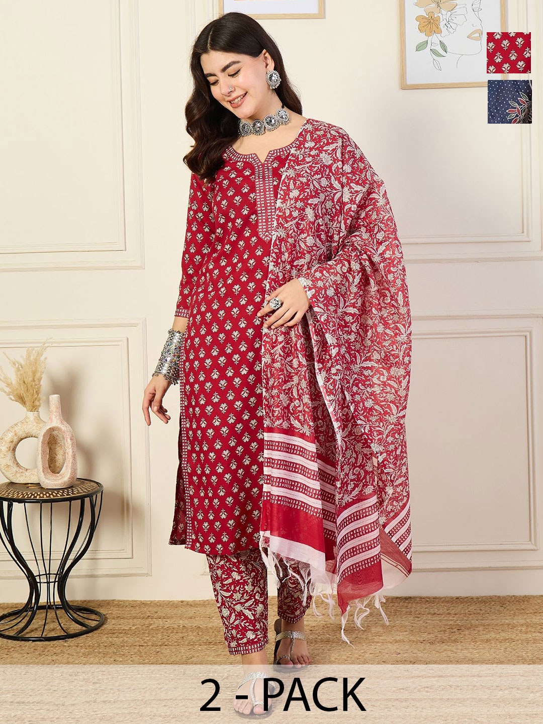

KALINI Women Ethnic Motifs Printed Regular Kurta with Trousers & With Dupatta, Red