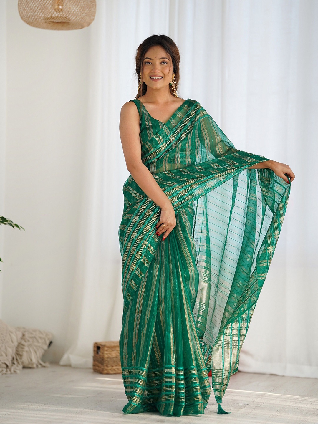 

Fashion Basket Striped Sequinned Organza Chanderi Saree, Green