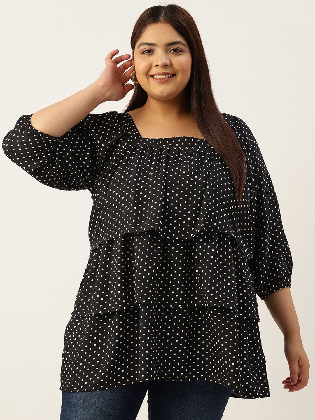 

theRebelinme Plus Size Polka Dot Printed Layered Top, Black