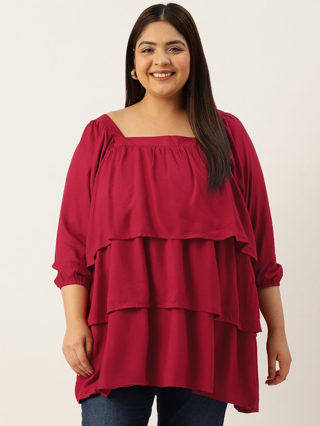 

theRebelinme Women Plus Size Puff Sleeve Layered Longline Top, Maroon