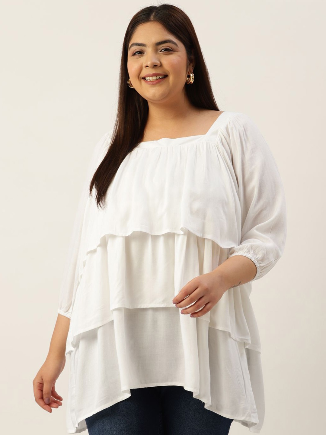 

theRebelinme Women Plus Size Puff Sleeves Layered Longline Top, White