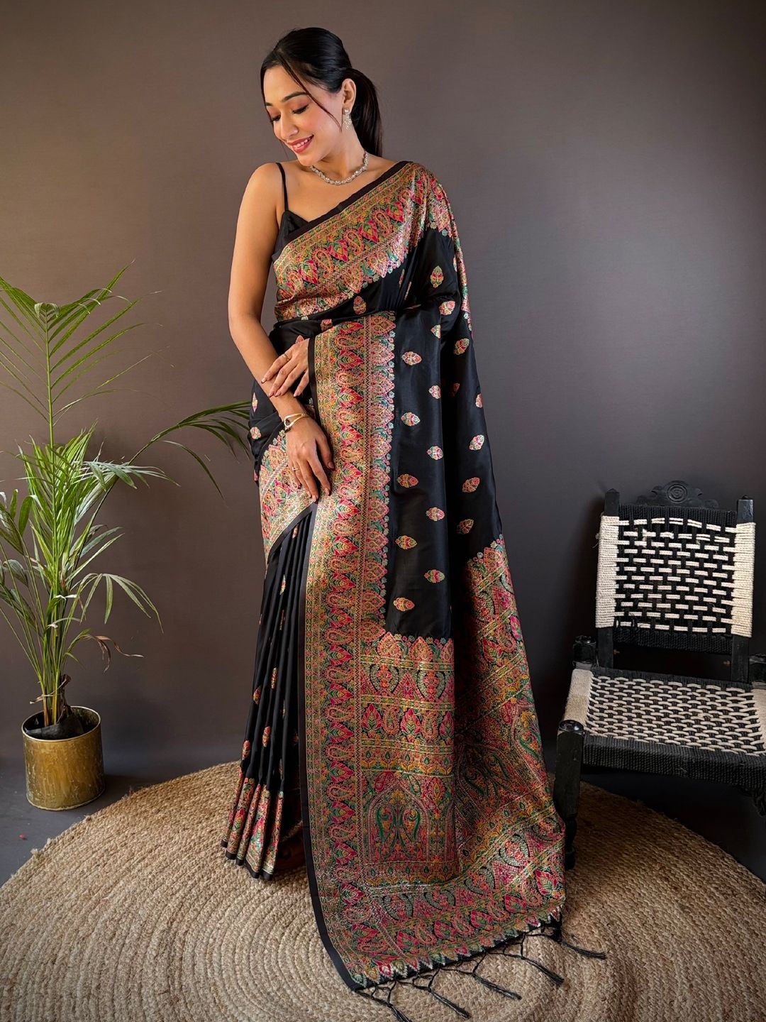 

Panzora Ethnic Motifs Woven Design Saree, Black