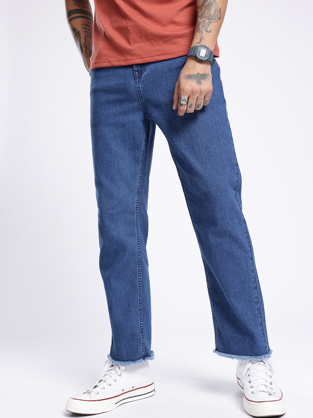 

glitchez Men Cool Touch Straight Fit Frayed Cropped Jeans, Blue