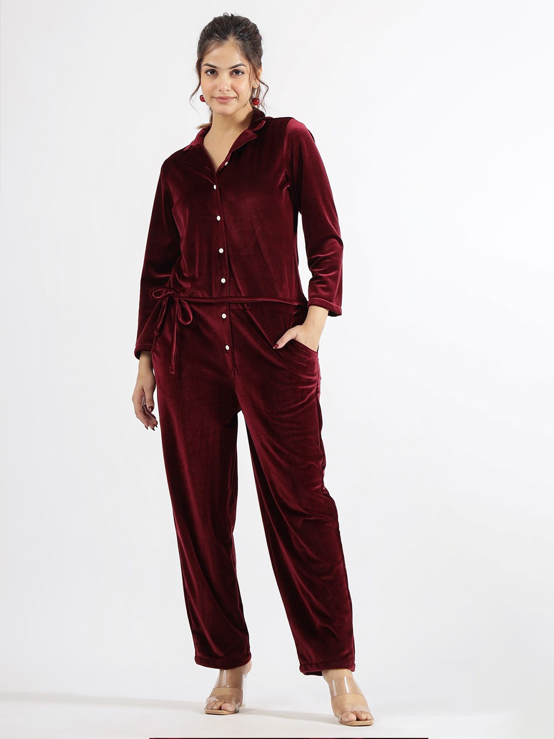 

FLAVIA CREATION Women Velvet Basic Jumpsuit, Maroon