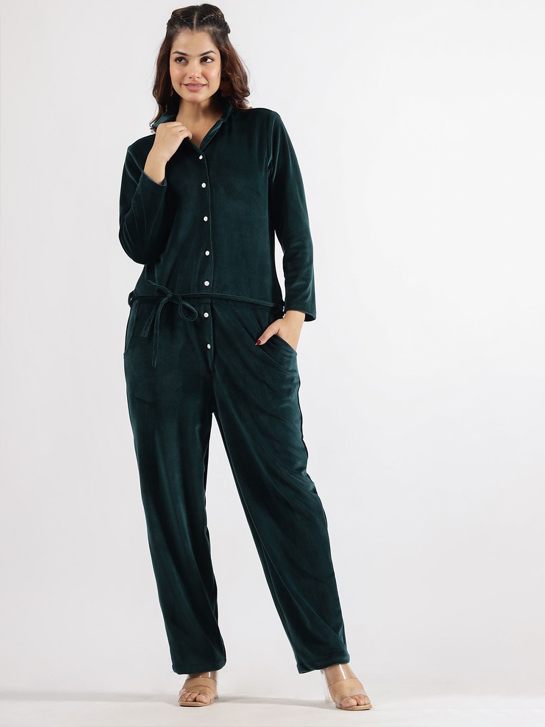 

FLAVIA CREATION Women Shirt Collar Basic Jumpsuit, Green