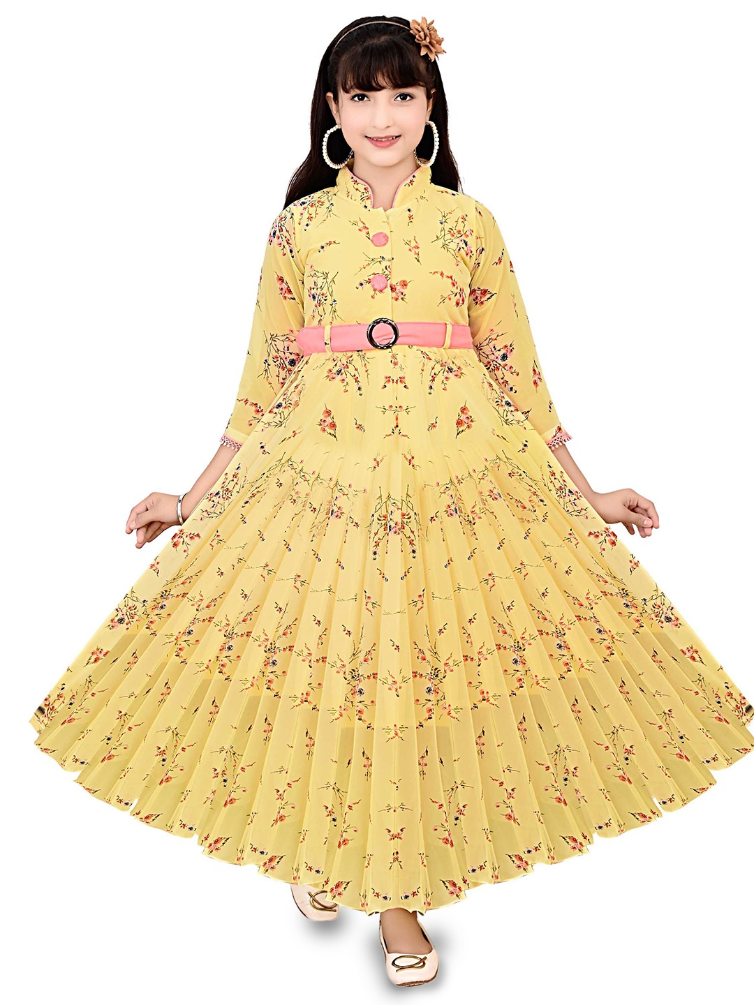 

AJIZA GARMENTS Girls Floral Applique Georgette A-Line Maxi Dress, Yellow
